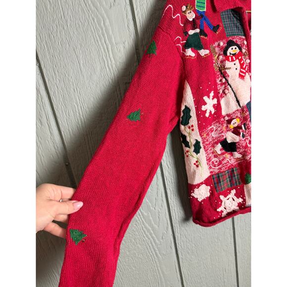 Vintage Christmas Sweater Jacket – P/L – Multi-Patch Snowmen Ice Skating Scene - Picture 2 of 6